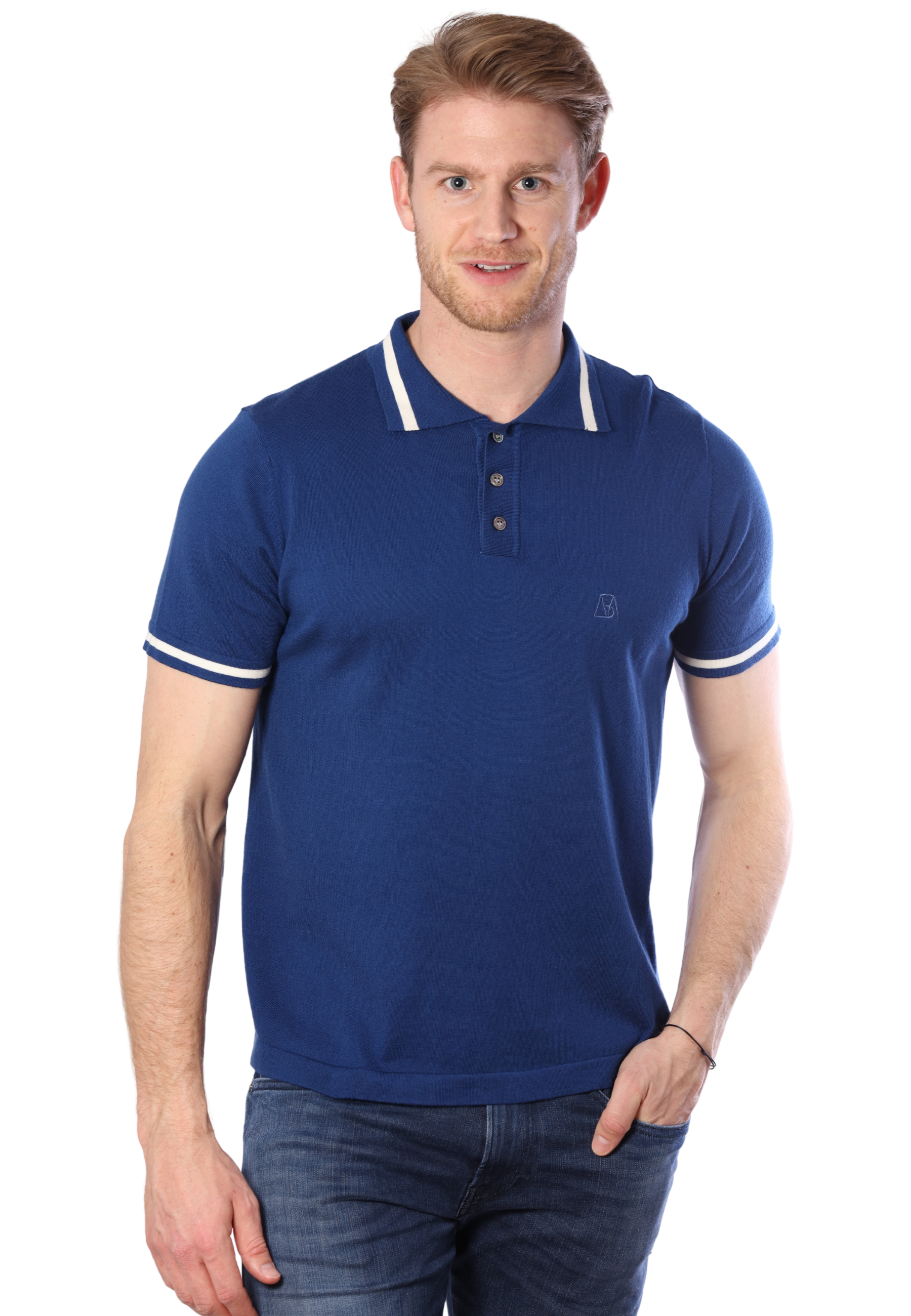 Cotton Cashmere Polo With Stripe Detailing | Blue Size S M L XL XXL | Bellemere New York 100% Sustainable Fashion | 90% Cotton 10% Cashmere | Tennis & Golf Polo Shirt