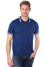 Load image into Gallery viewer, Cotton Cashmere Polo With Stripe Detailing | Blue Size S M L XL XXL | Bellemere New York 100% Sustainable Fashion | 90% Cotton 10% Cashmere | Tennis &amp; Golf Polo Shirt

