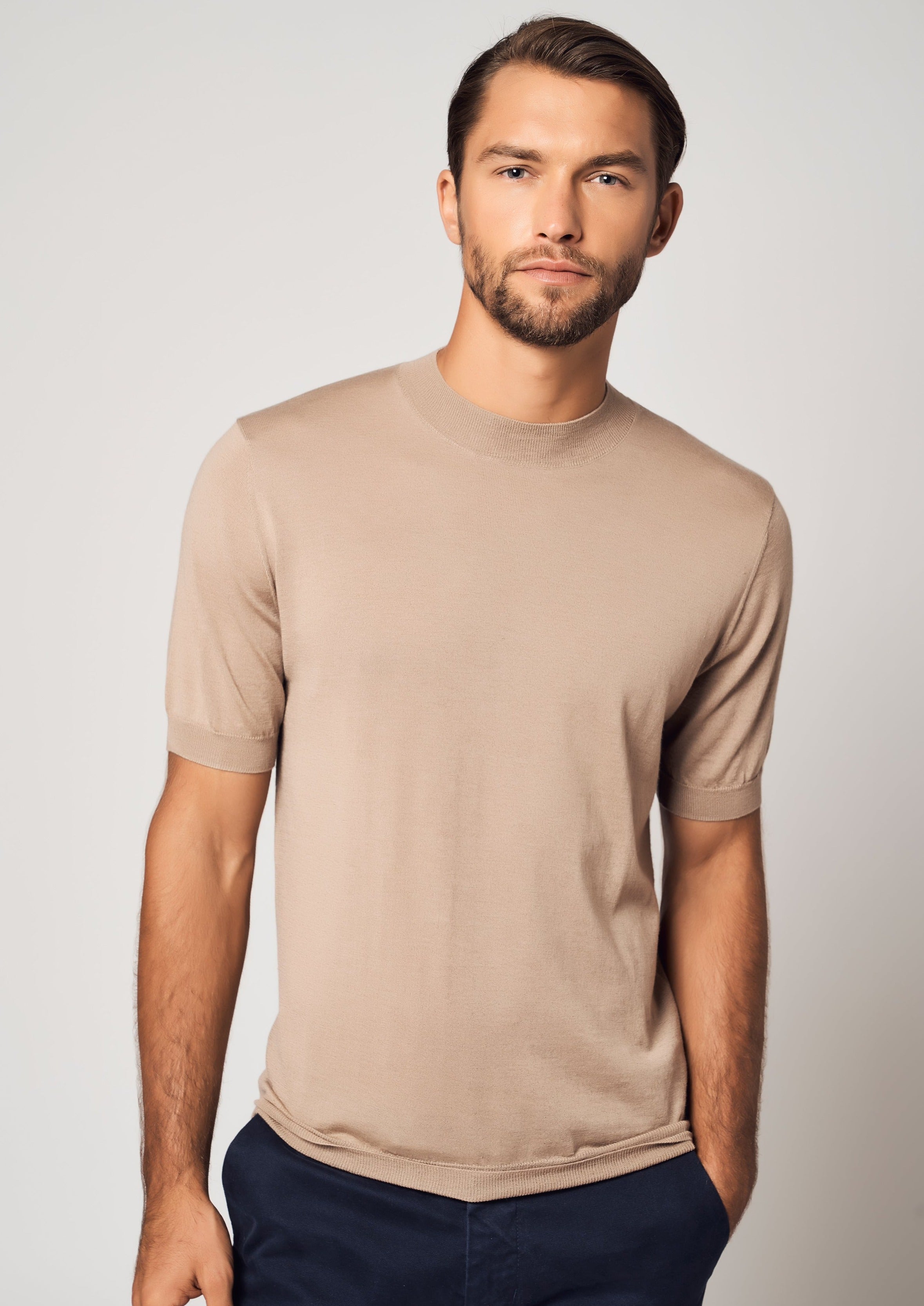 Silk Cashmere High Neck Short Sleeve Tee | Sand | Bellemere New York | 100% Cashmere Sustainable