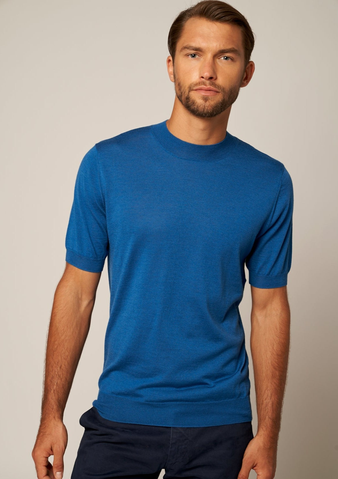 Silk Cashmere High Neck Short Sleeve Tee | Blue | Bellemere New York | 100% Cashmere Sustainable