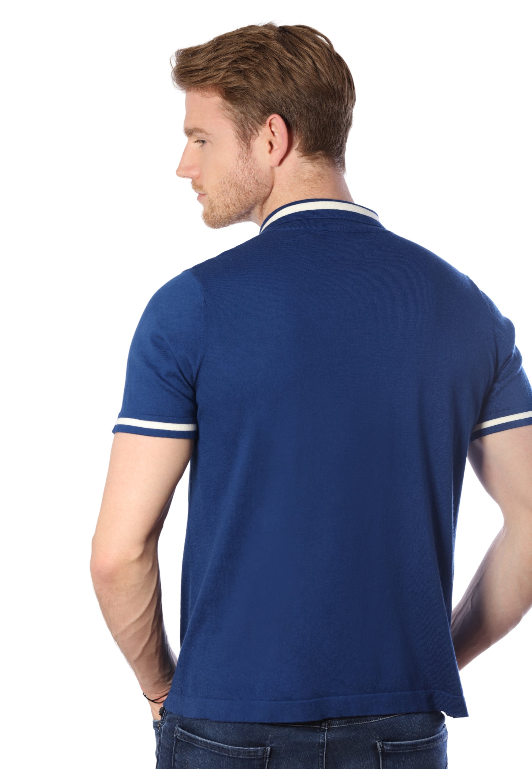 Cotton Cashmere Polo With Stripe Detailing | Blue Size S M L XL XXL | Bellemere New York 100% Sustainable Fashion | 90% Cotton 10% Cashmere | Tennis & Golf Polo Shirt