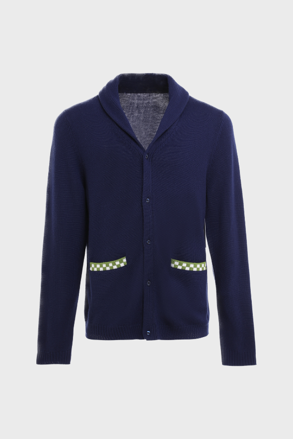 Navy Blue and Green Merino Cardigan