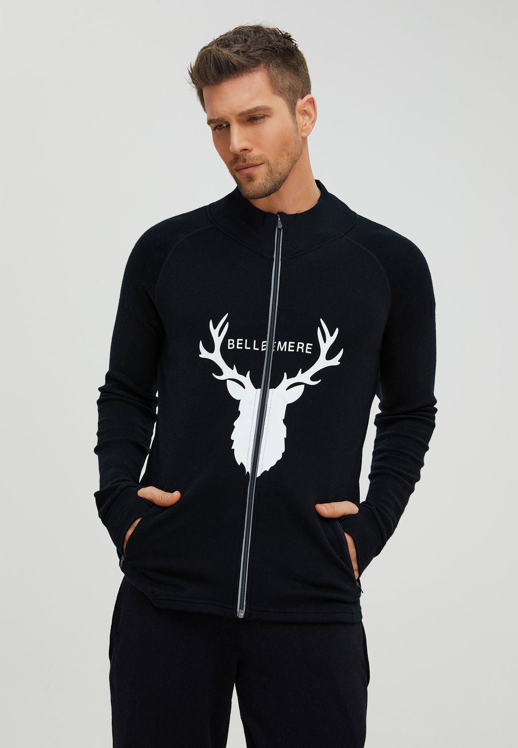 Veste zippée unisexe en laine mérinos motif cerf
