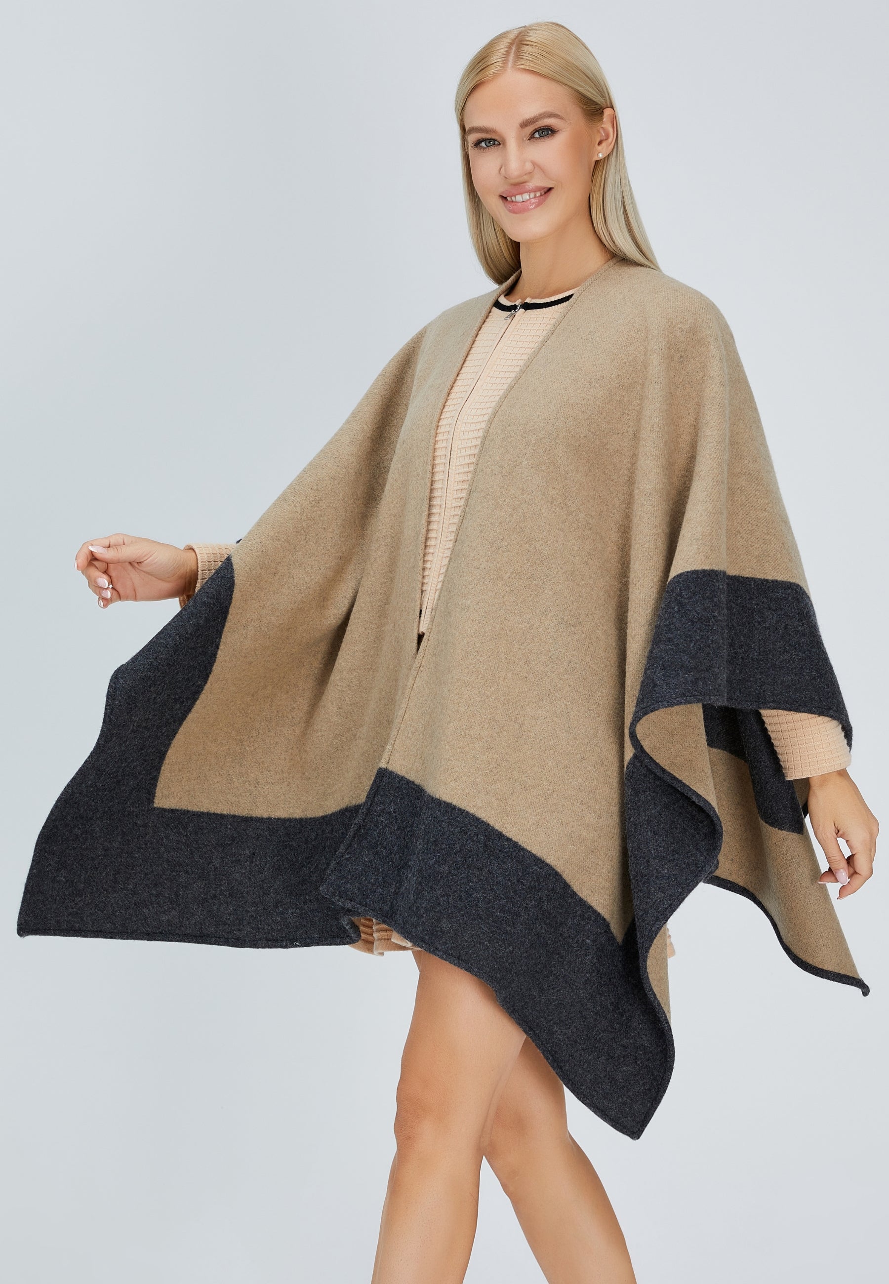 Double-Sided Wool Cape Shawl — Two-Tone Reversible Design