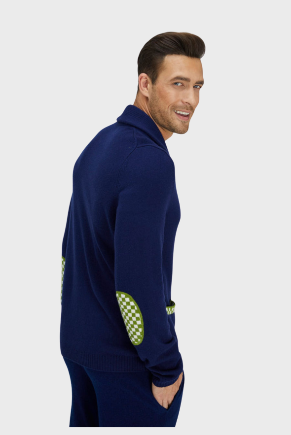 Navy Blue and Green Merino Cardigan