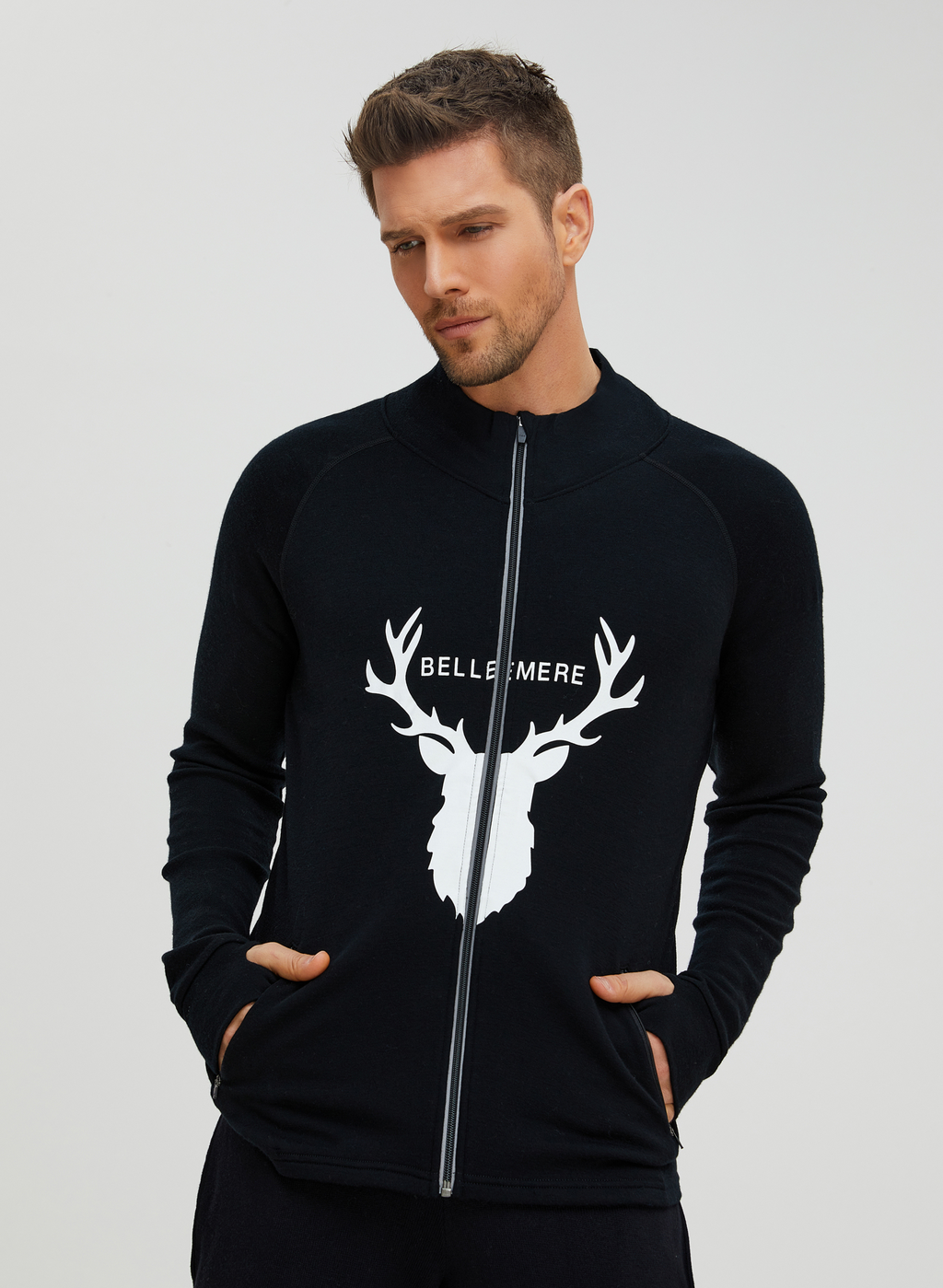 Veste zippée unisexe en laine mérinos motif cerf