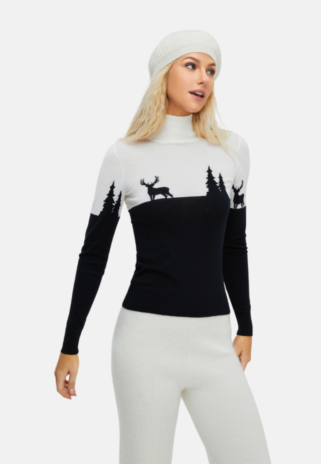 Pull ajusté en mérinos pour femme « Cerf & Arbre »