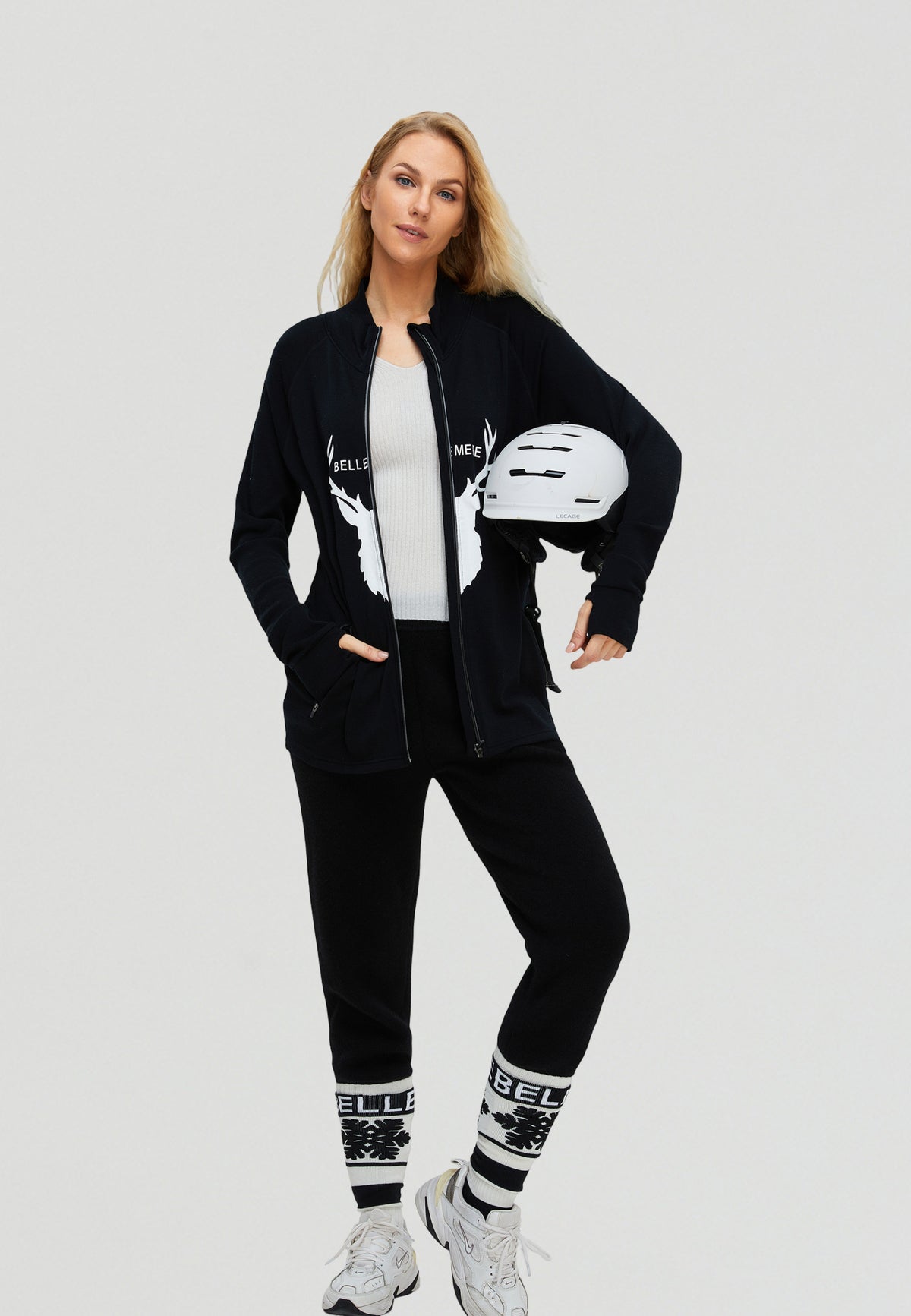 Veste zippée unisexe en laine mérinos motif cerf