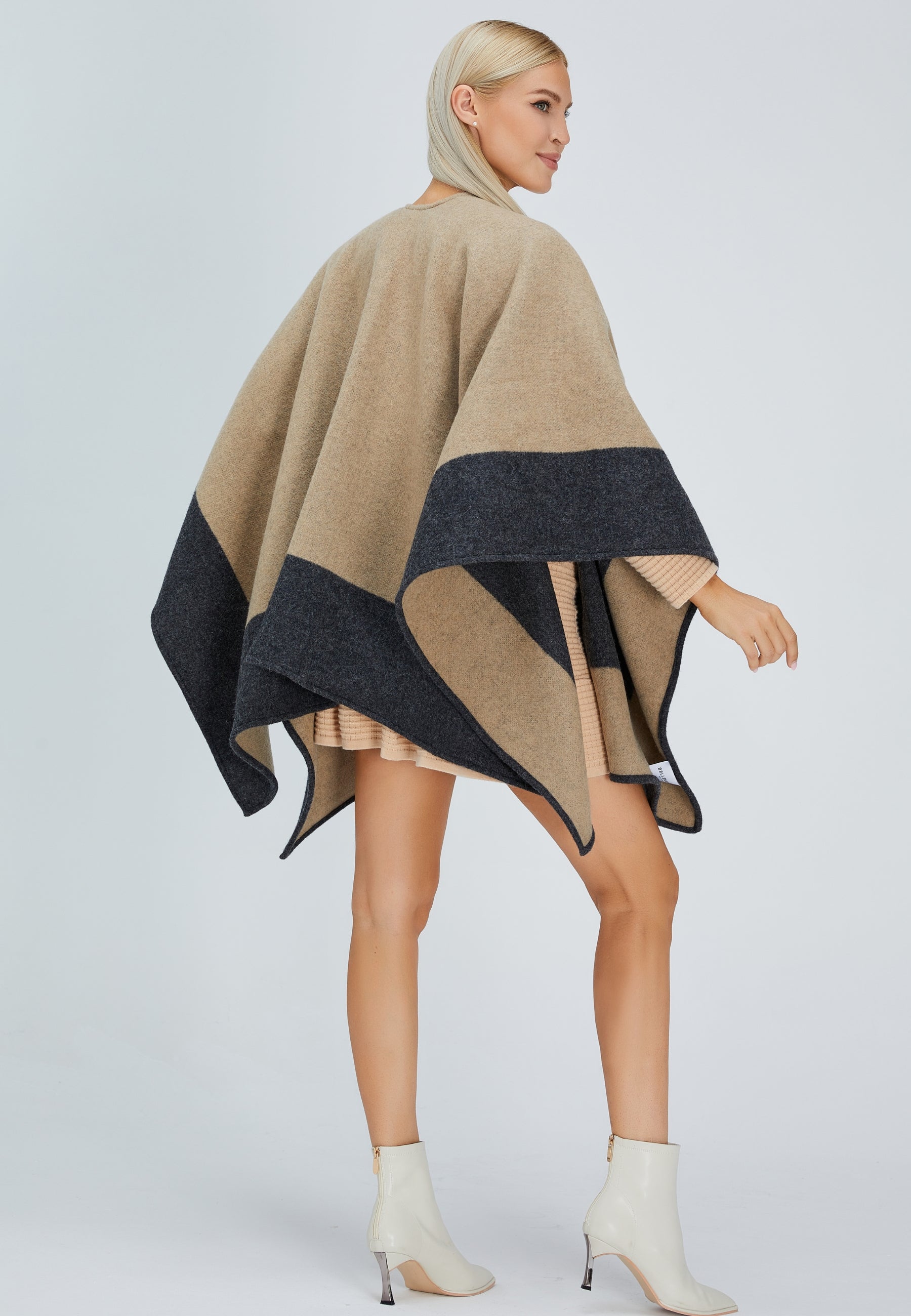 Double-Sided Wool Cape Shawl — Two-Tone Reversible Design
