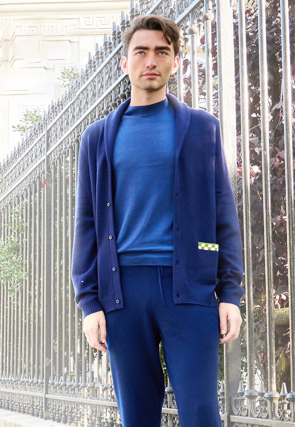Navy Blue and Green Merino Cardigan