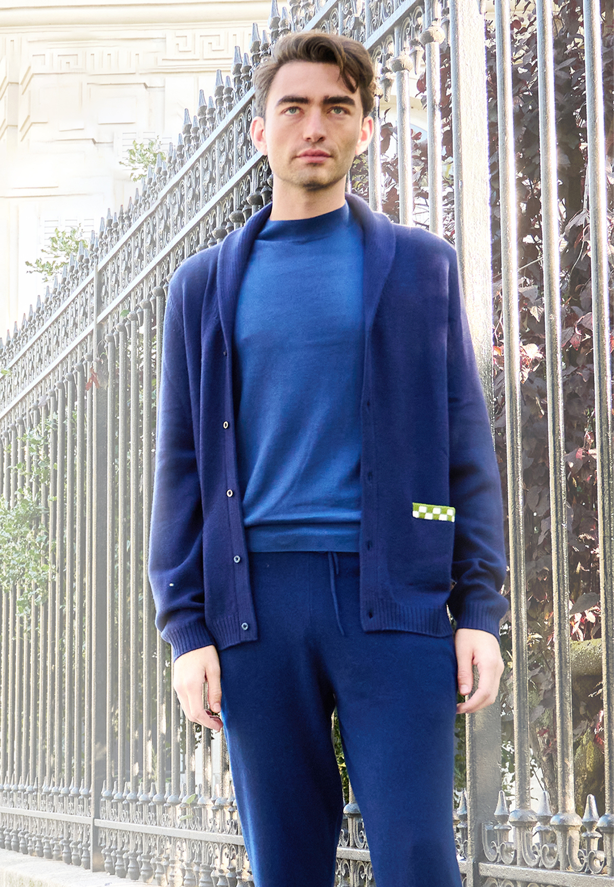 Navy Blue and Green Merino Cardigan