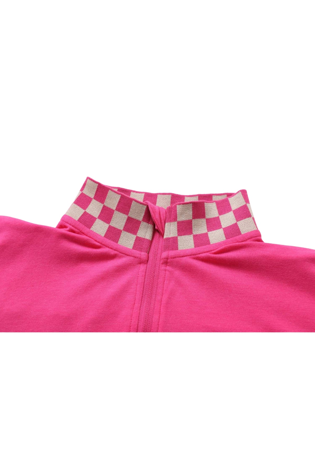 Premium Cotton Blend Checkered Collar Half-Zipped Top