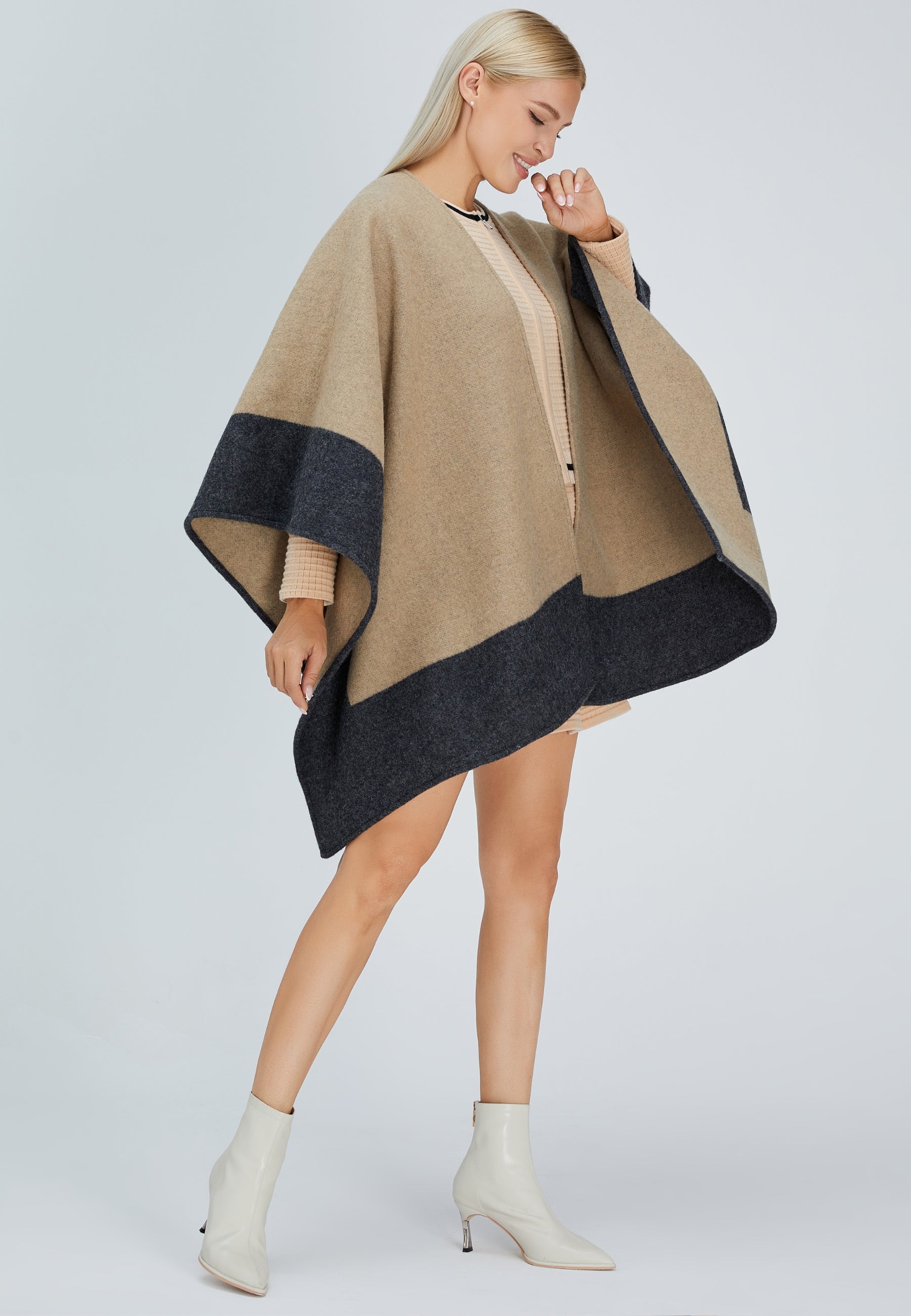 Double-Sided Wool Cape Shawl — Two-Tone Reversible Design