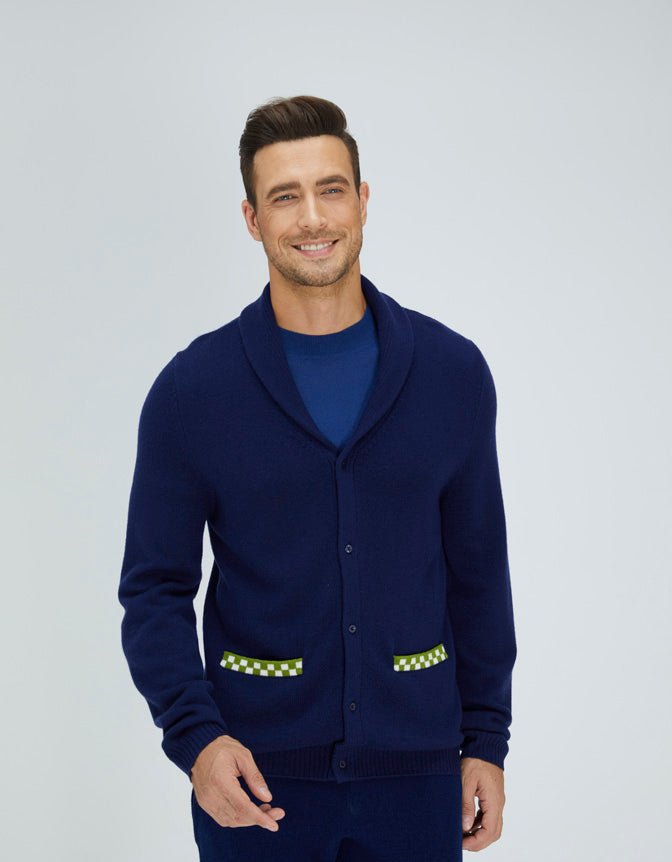 Navy Blue and Green Merino Cardigan