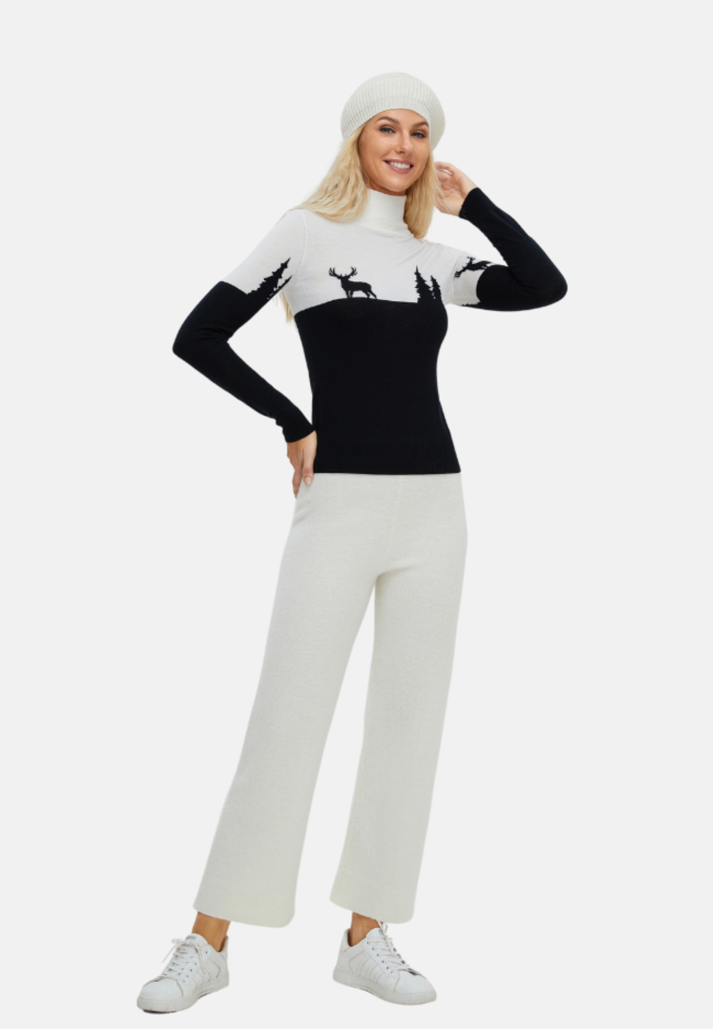 Pull ajusté en mérinos pour femme « Cerf & Arbre »