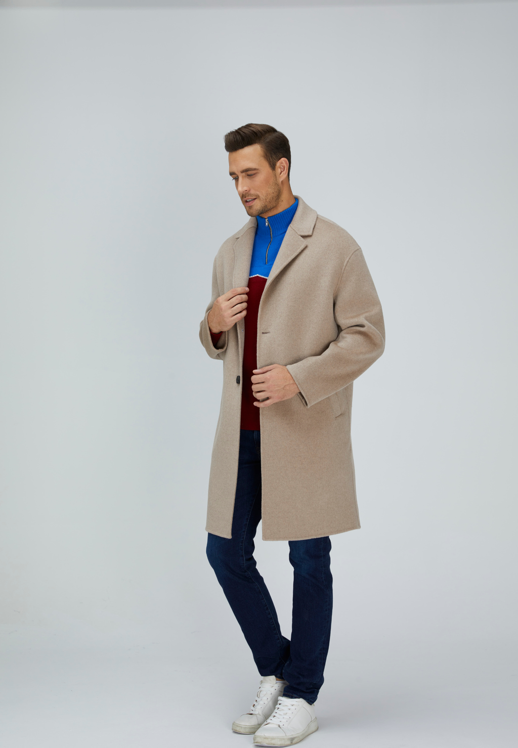 Manteau élégant simple boutonnage en mélange de laine