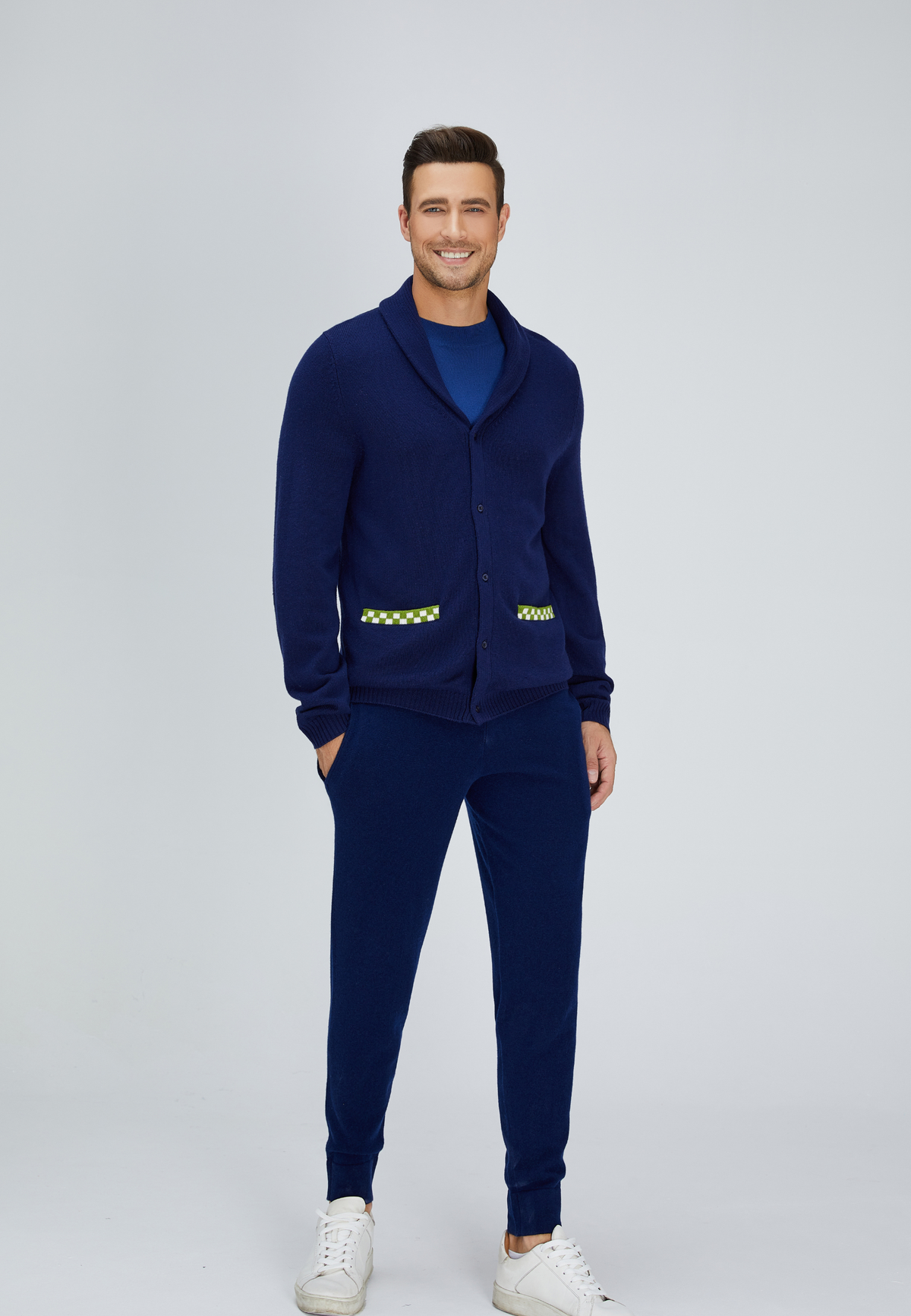 Navy Blue and Green Merino Cardigan