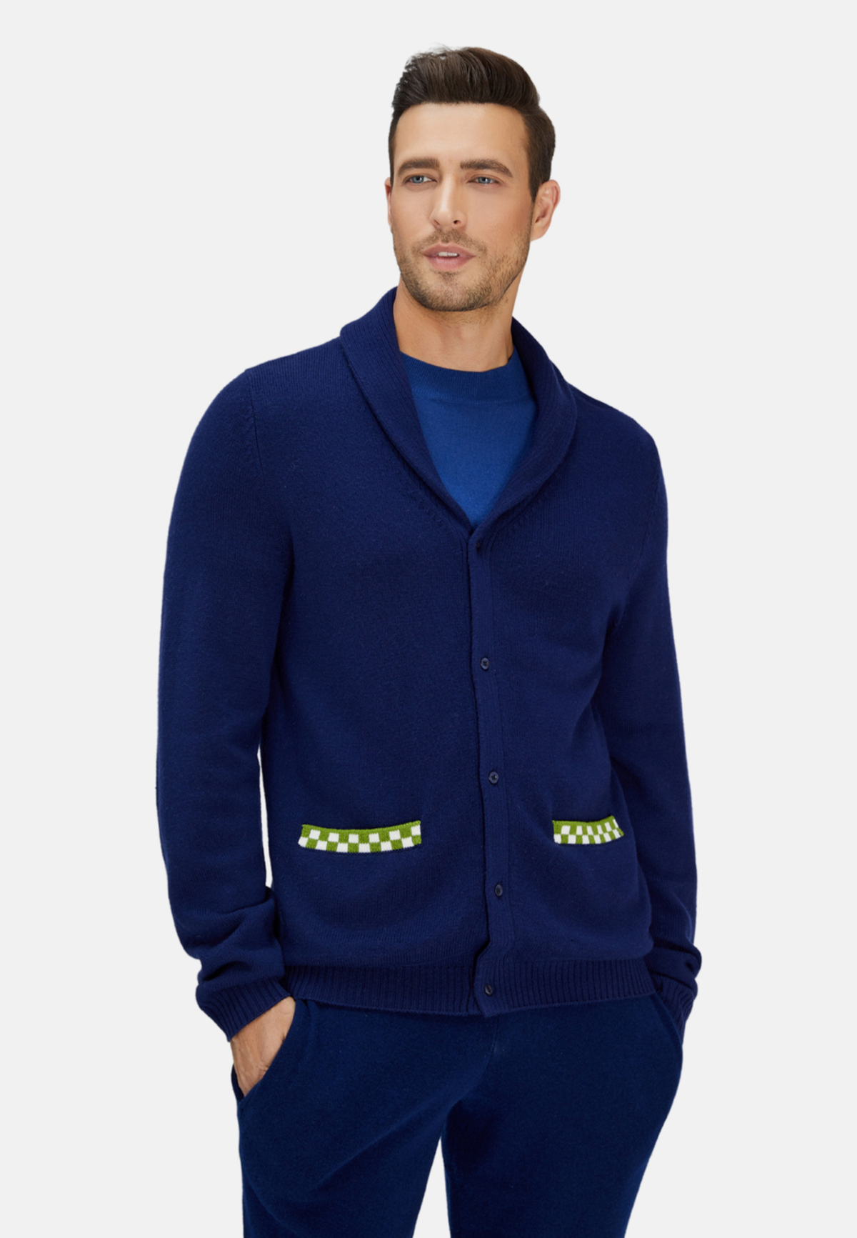 Navy Blue and Green Merino Cardigan
