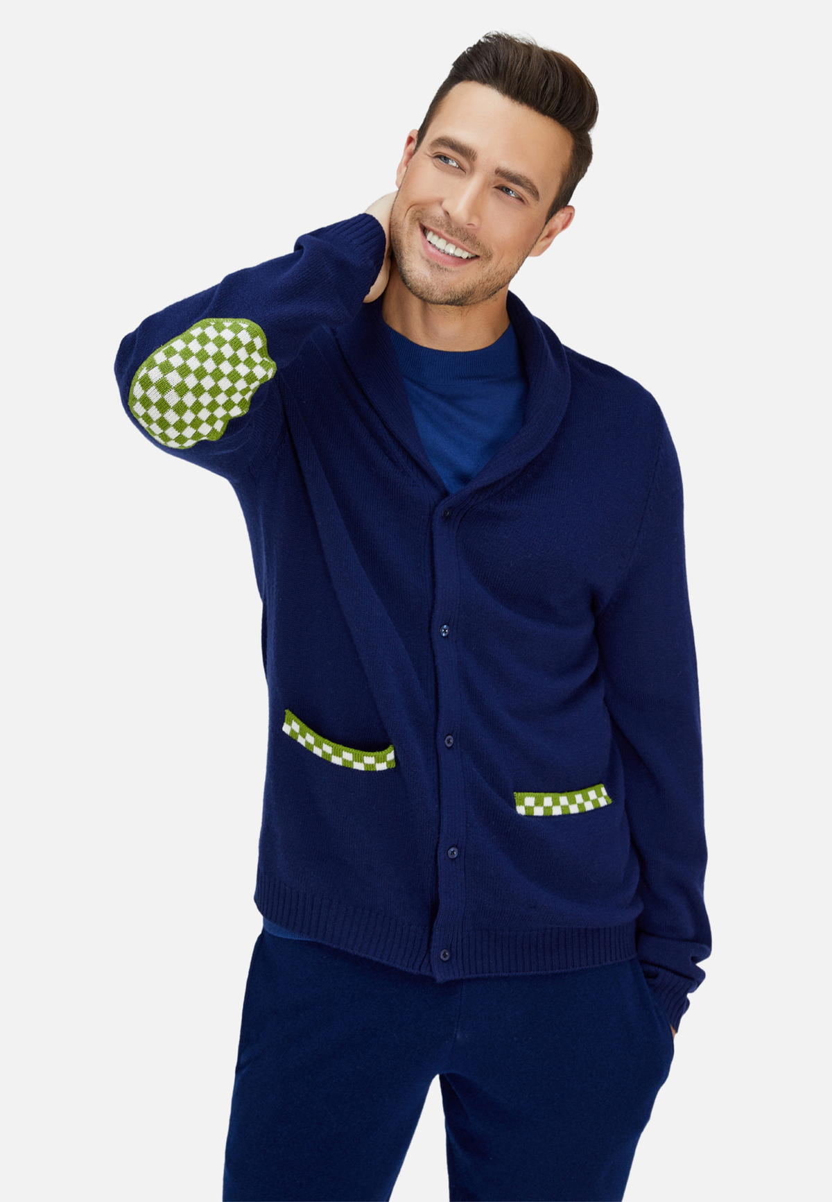 Navy Blue and Green Merino Cardigan