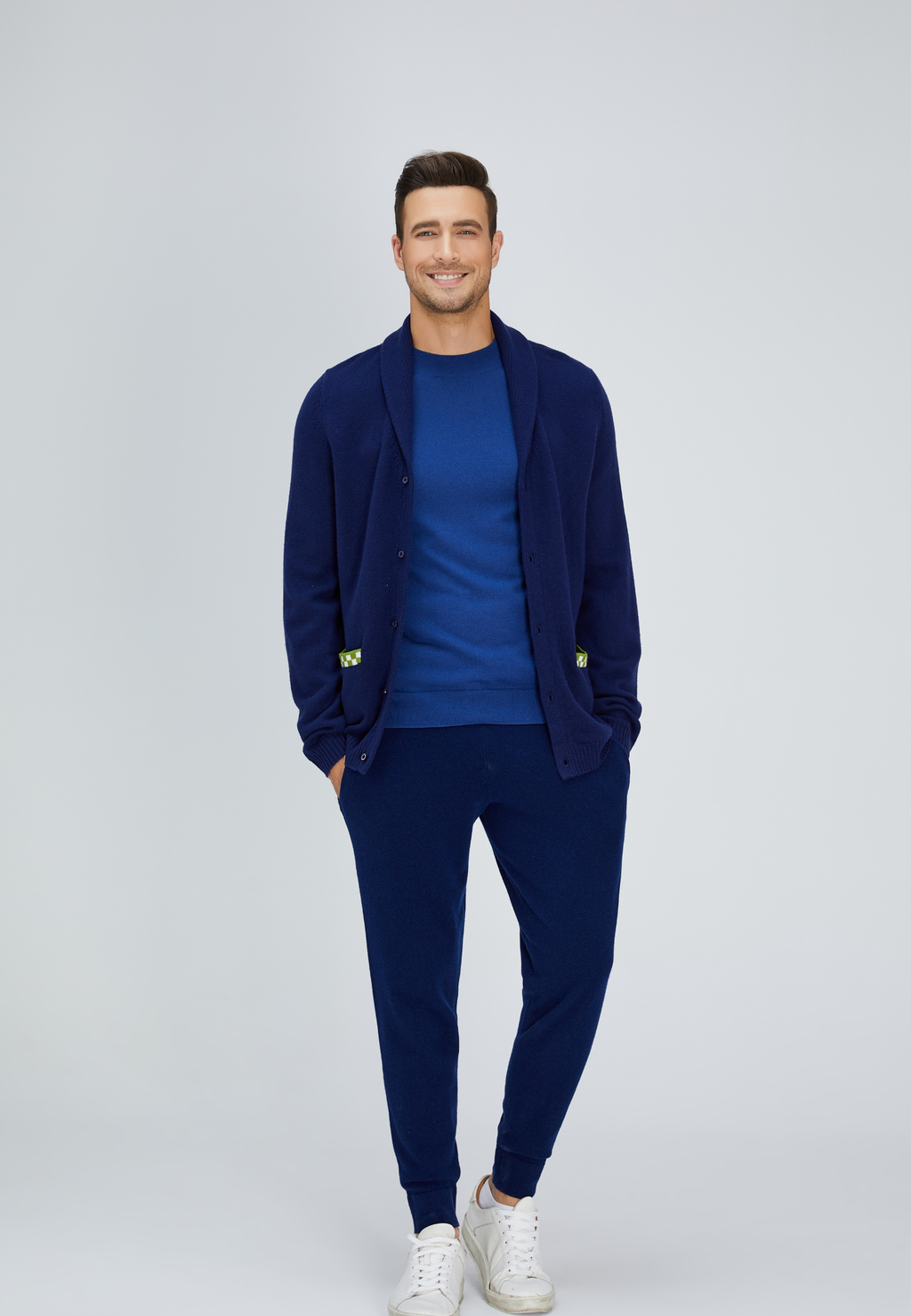 Navy Blue and Green Merino Cardigan