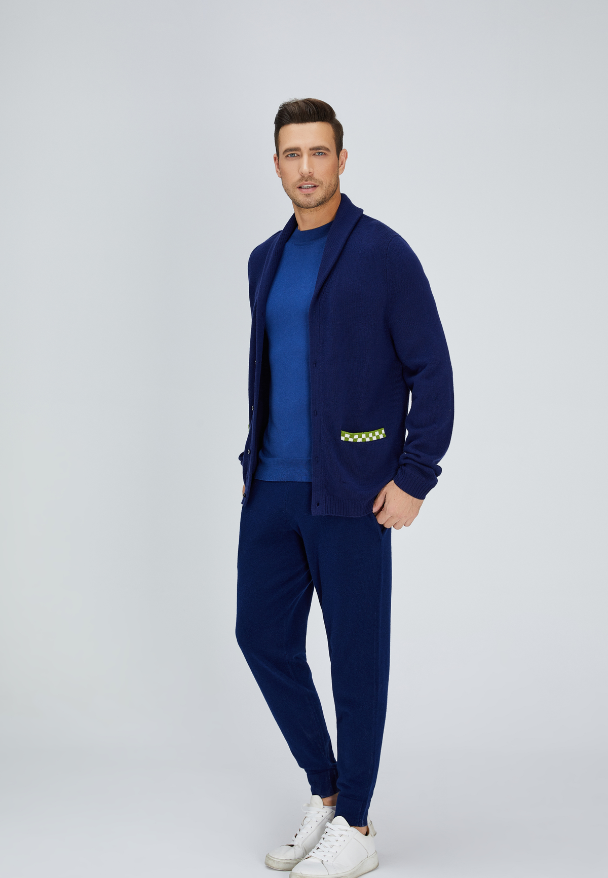 Navy Blue and Green Merino Cardigan
