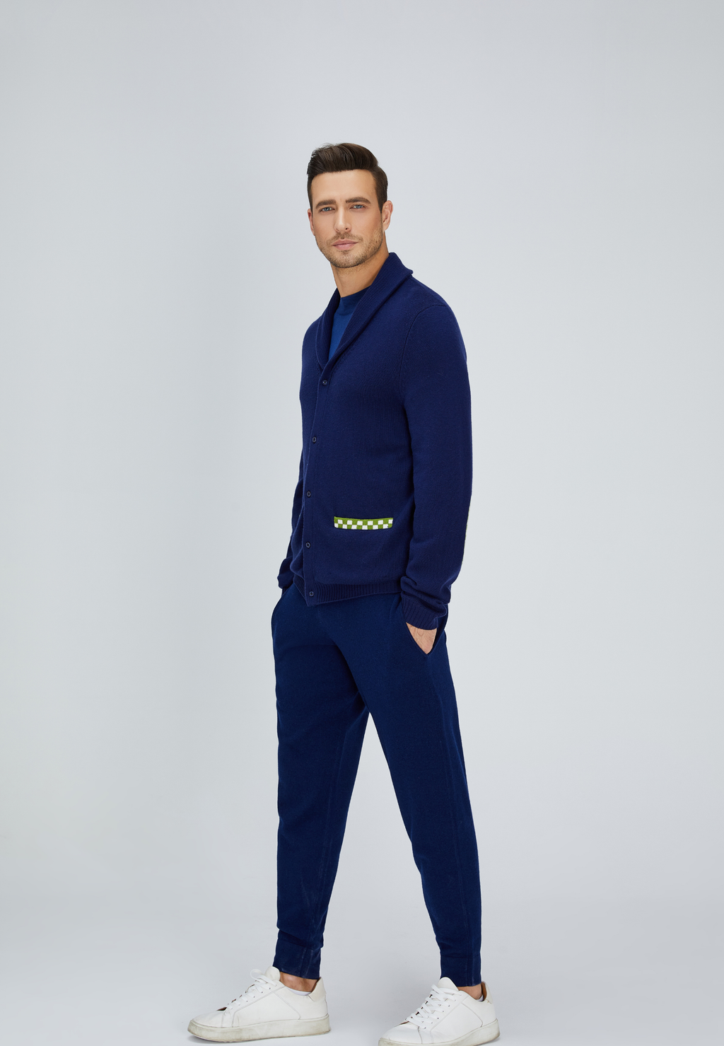 Navy Blue and Green Merino Cardigan