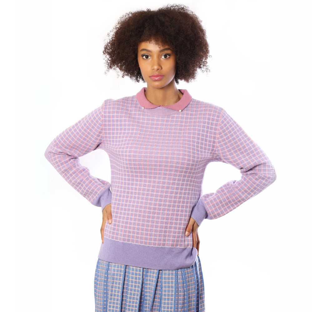 Tweed Merino Pullover With Pearl Collar