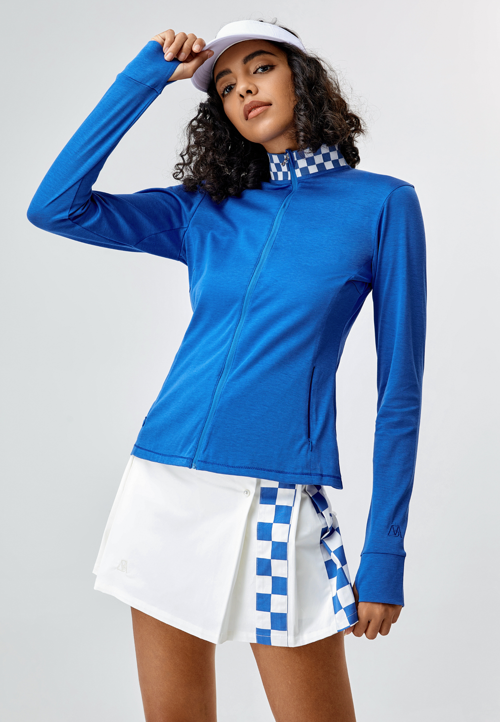 Checker Full-Zipper Long Sleeves Top