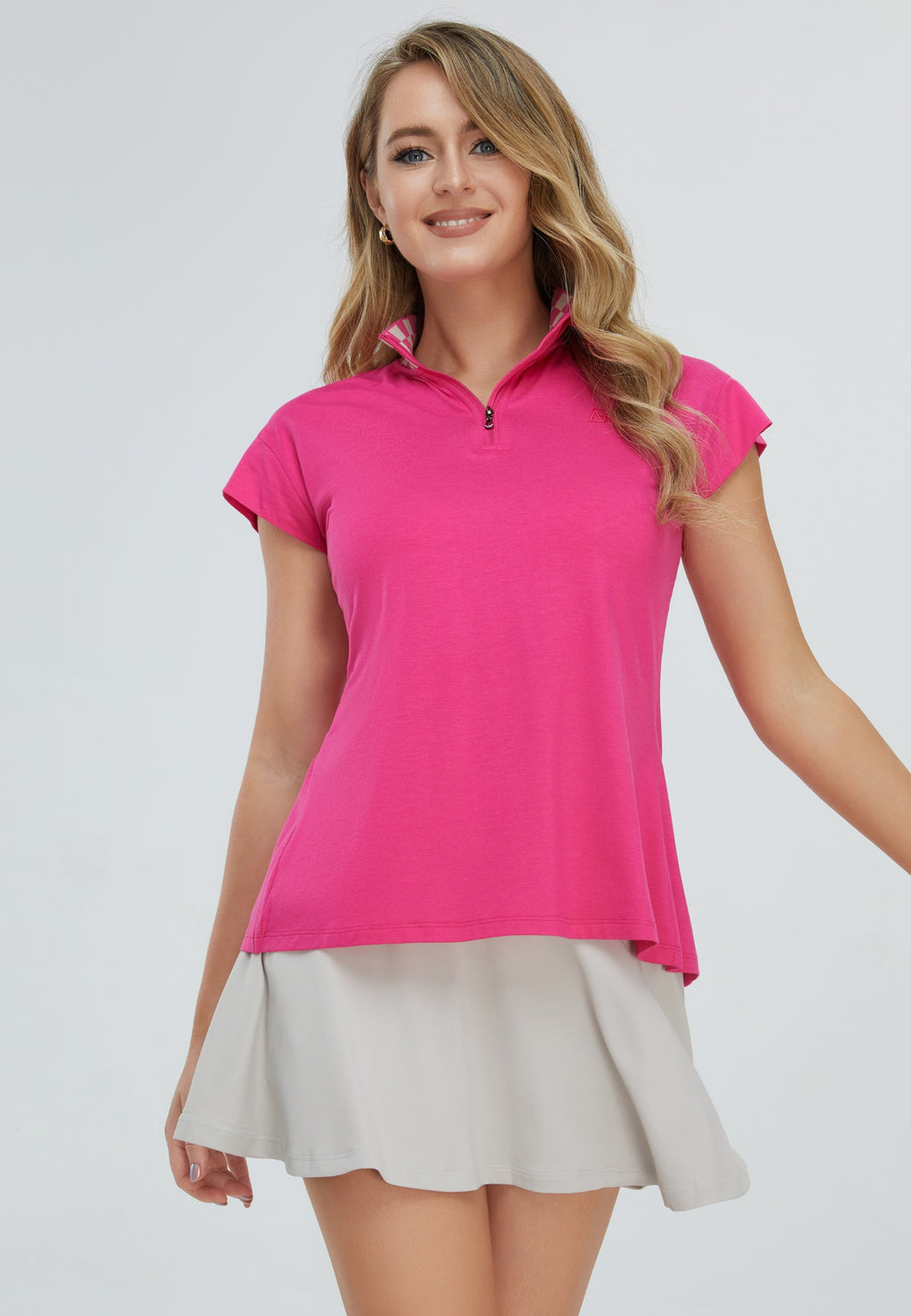 Premium Cotton Blend Checkered Collar Half-Zipped Top