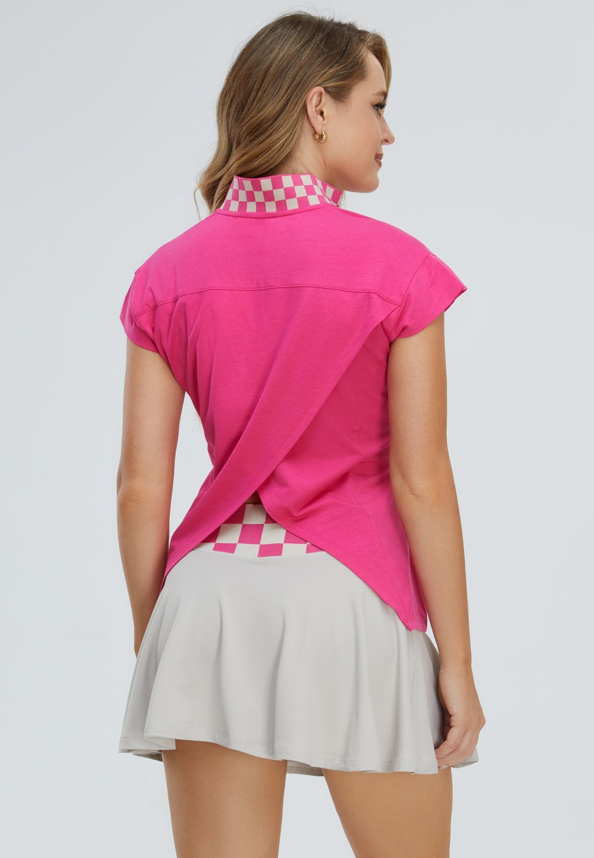 Premium Cotton Blend Checkered Collar Half-Zipped Top