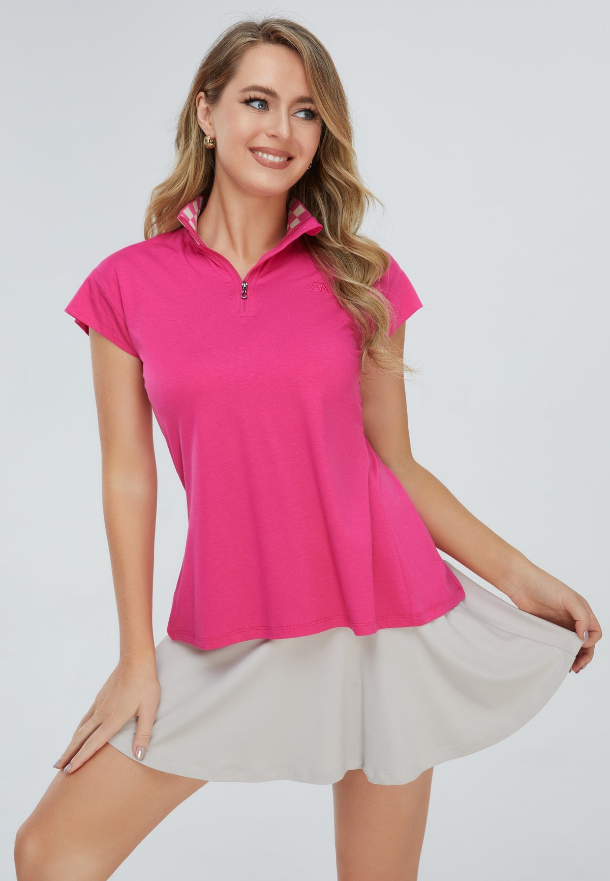 Premium Cotton Blend Checkered Collar Half-Zipped Top