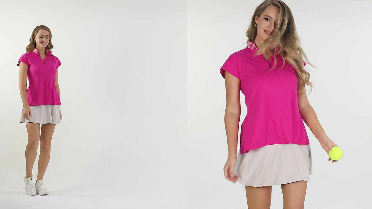 Premium Cotton Blend Checkered Collar Half-Zipped Top