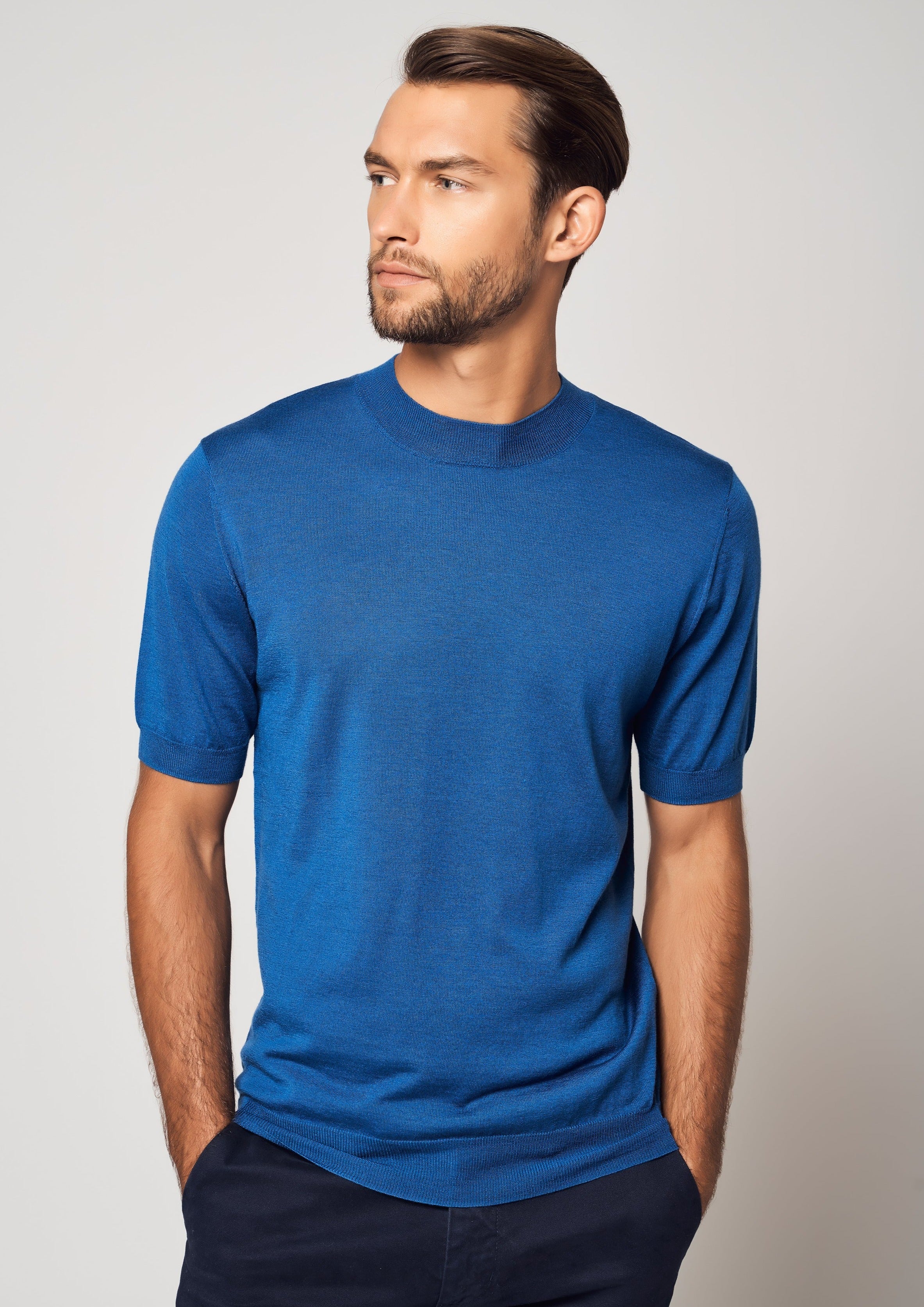 Silk Cashmere High Neck Short Sleeve Tee | Blue | Bellemere New York | 100% Cashmere Sustainable