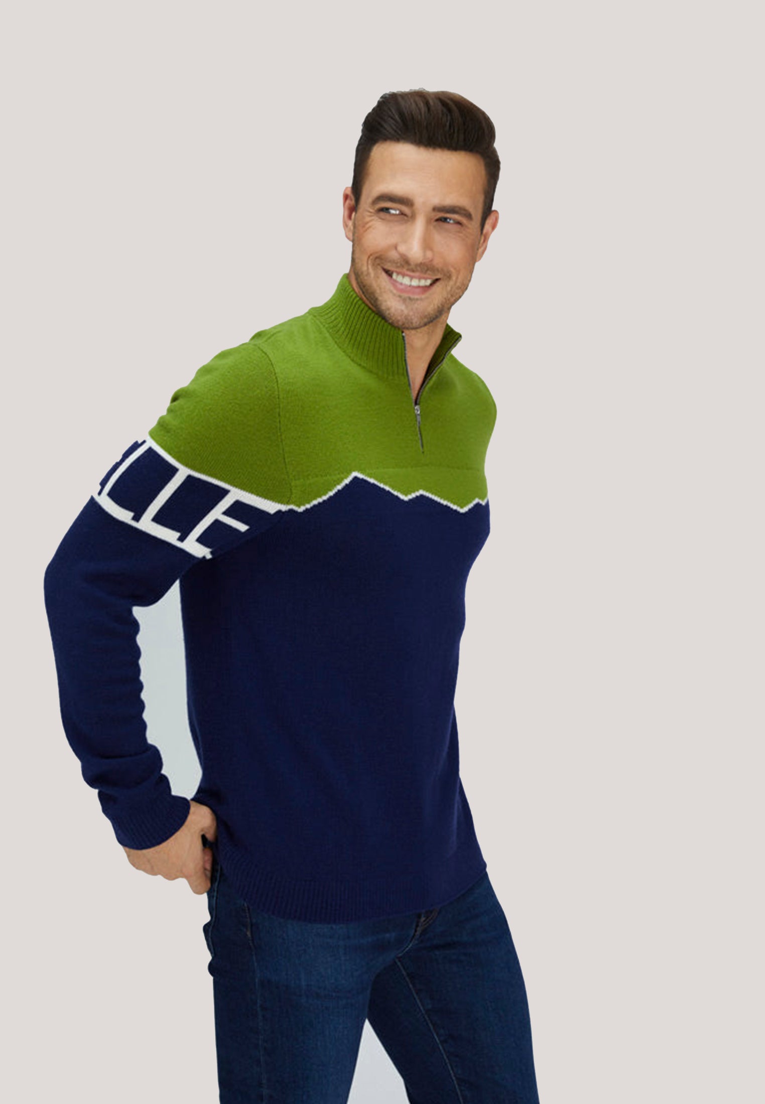 Mountain-Print Half-Zipped Merino Sweater