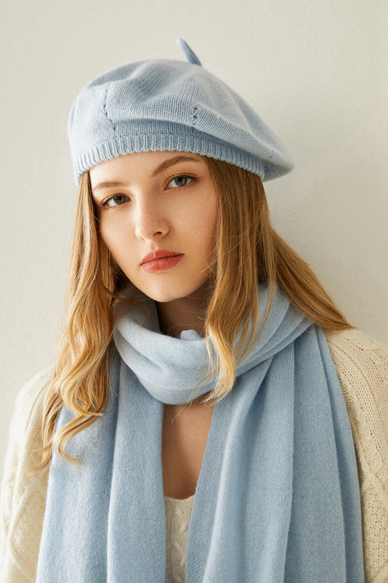 Blue Hat Cashmere Scarf And Gloves Set Three-Piece Women′ S Winter