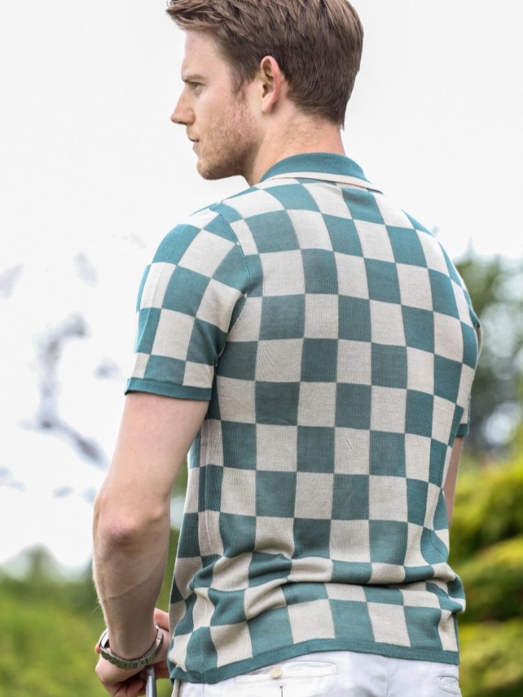 Check Tencel Polo | Green White Chequered Size S M L XL XXL | Bellemere New York 100% Sustainable Fashion | 100% Tencel | Tennis & Golf Polo Shirt