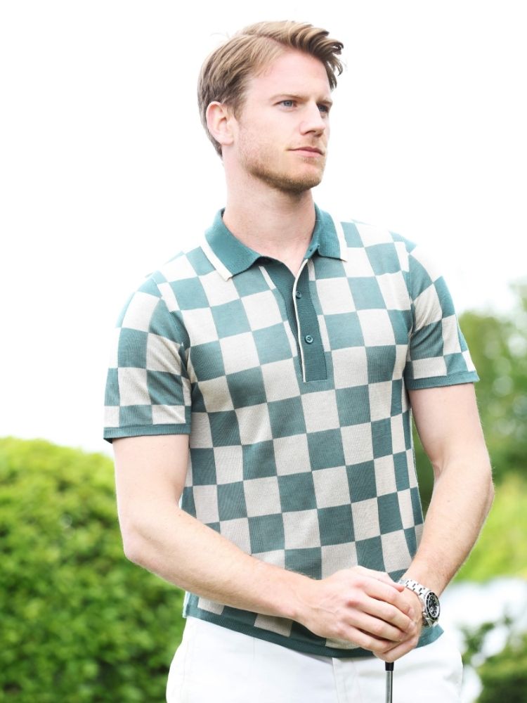 Check Tencel Polo | Green White Chequered Size S M L XL XXL | Bellemere New York 100% Sustainable Fashion | 100% Tencel | Tennis & Golf Polo Shirt