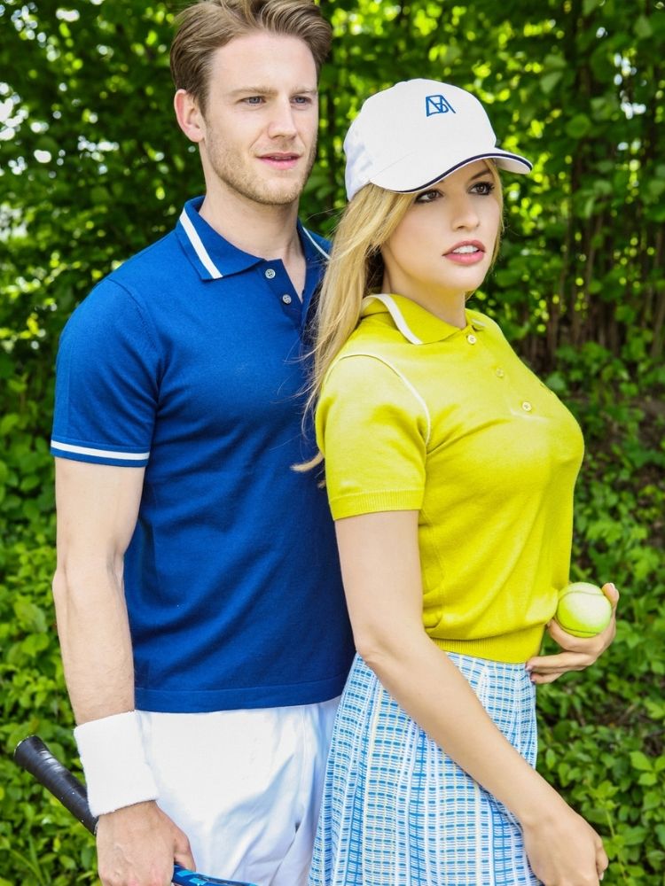 Cotton Cashmere Polo With Stripe Detailing | Blue Size S M L XL XXL | Bellemere New York 100% Sustainable Fashion | 90% Cotton 10% Cashmere | Tennis & Golf Polo Shirt